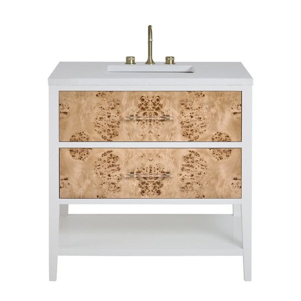 James Martin Vanities 36'' Single Vanity, Light Mappa Burl and Polished White w/ 3 CM White Zeus Quartz Top D804-V36-LMB-3WZ - main